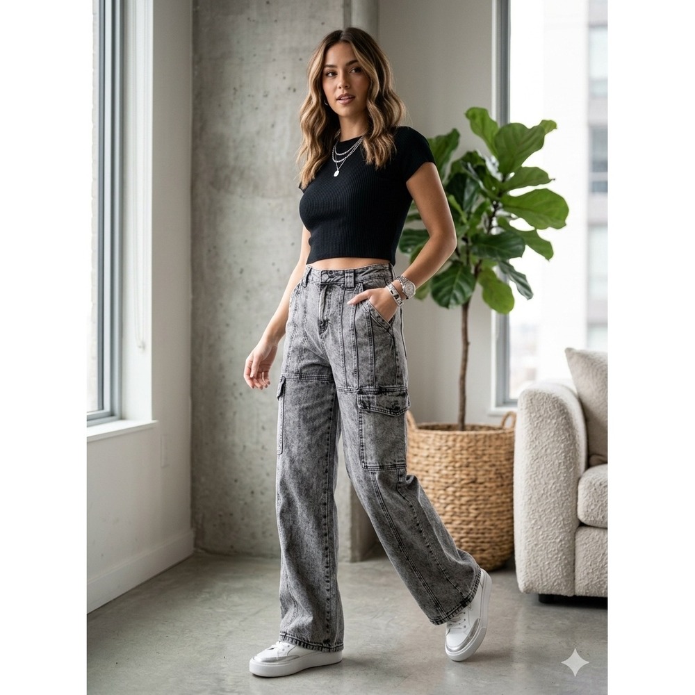American Bazi Grey Acid Wash Cargo Jeans Wide Leg High Rise RJH-9254 Womens M